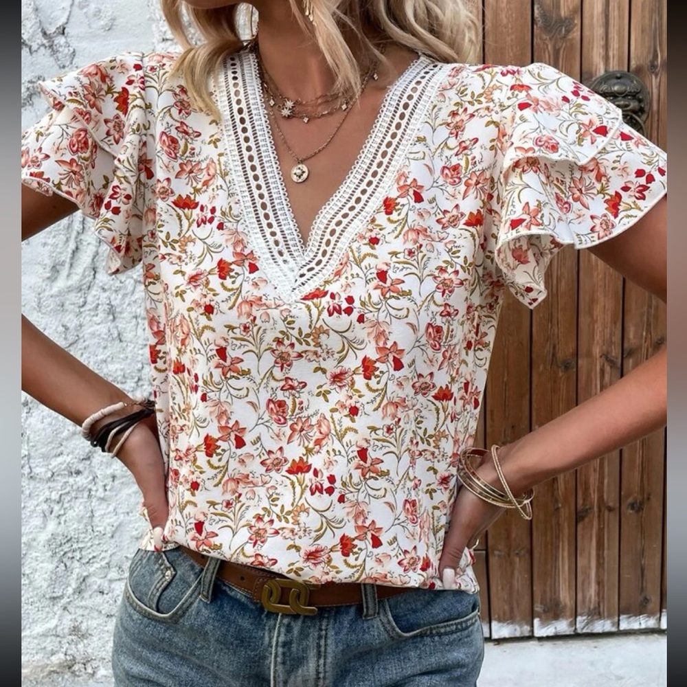 Floral V-Neck Blouse - Cream and Red - Picture 4 of 7